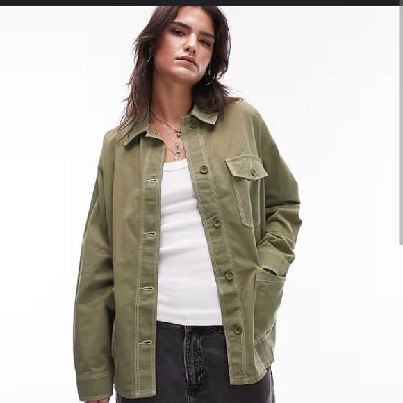 Topshop Olive Green Khaki Barn Chore Coat Contrast Stitched Casual Utility 12 - Picture 2 of 9